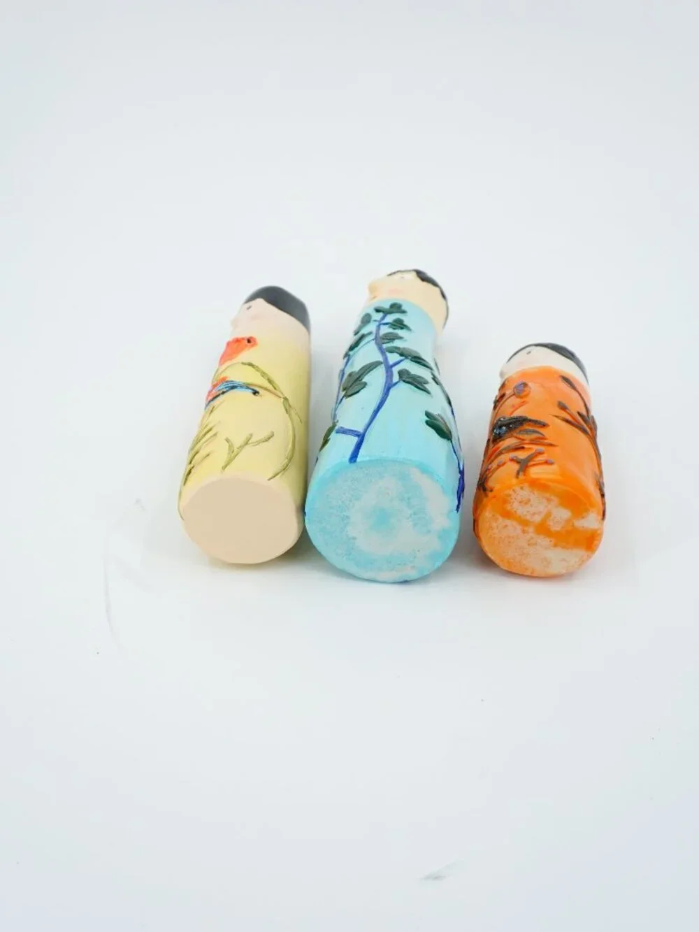 Set of 3 Hand Painted Ceramic Face Cylinder Vases, Women Floral Bird Decor